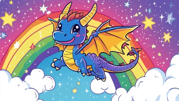 A kawaii dragon flying through a rainbow, with little stars and clouds surrounding it.