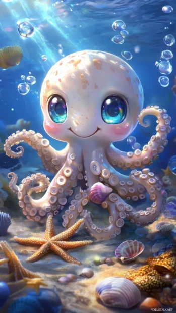 A kawaii octopus playing with seashells and starfish on the ocean floor, with big, sparkling eyes and a joyful grin.