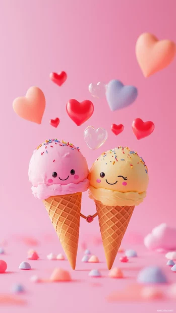 A kawaii style couple of smiling hearts with tiny faces, blushing and holding hands.