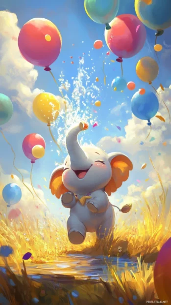 A kawaii style elephant spraying water from its trunk, surrounded by colorful balloons and a sunny sky.