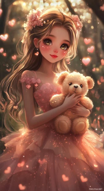 A kawaii style girl with big sparkling eyes, wearing a pastel pink dress and holding a plush teddy bear, surrounded by hearts and sparkles.