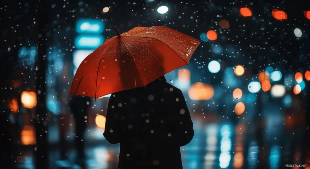 A lonely anime character standing under a red umbrella on a rainy street at night, reflections of neon city lights on the wet pavement.