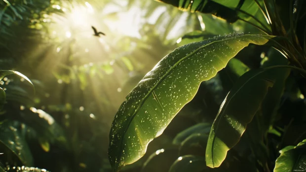 A lush tropical rainforest with sunbeams shining through the dense green canopy.