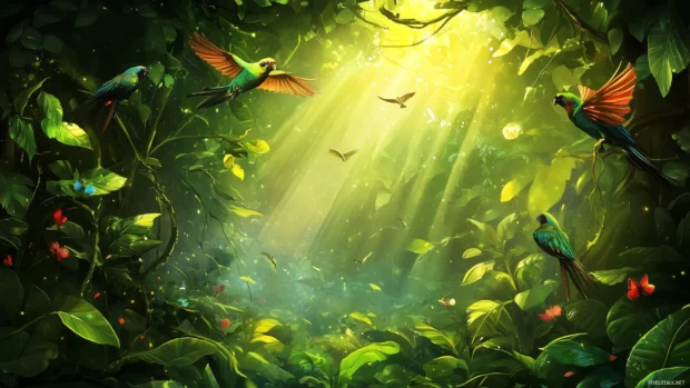 A lush tropical rainforest with sunbeams shining through the dense green canopy, vibrant green leaves glistening with dew, tropical birds flying in the background.