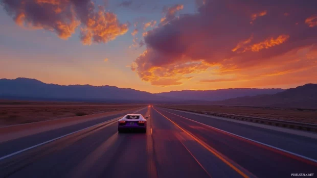 A luxurious purple Lamborghini Aventador speeding down an empty highway, with a distant mountain range in the background under a vivid sky.