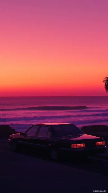 A luxury car resting on a beachside road at dusk, with the horizon glowing in a mix of purple and orange hues, waves gently crashing in the backgroun.