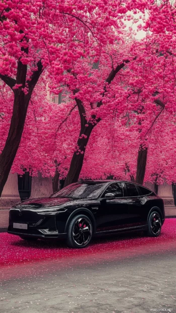 A luxury classic car parked under a canopy of cherry blossom trees in full bloom.