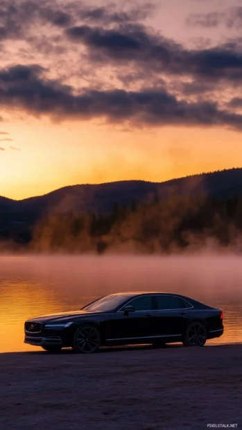 A luxury sedan parked by a serene lake at dawn, with mist rising from the water.