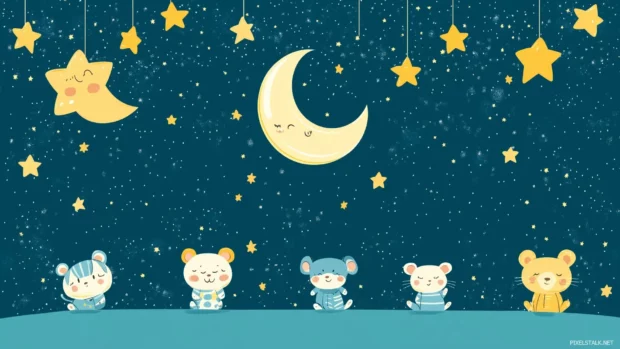 A magical night sky filled with cute animals in pajamas, looking up at smiling stars and a friendly moon.