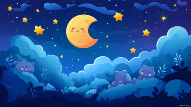 A magical night sky filled with cute animals in pajamas, looking up at smiling stars and a friendly moon.