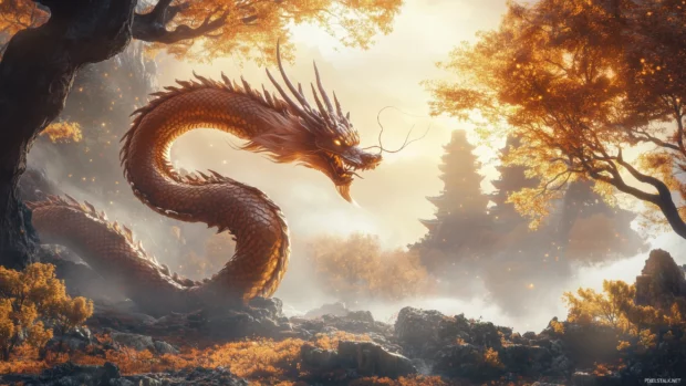 A majestic Chinese Dragon winding through a misty forest.