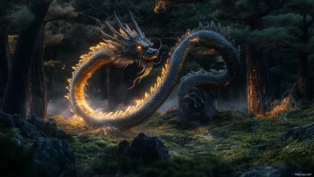 A majestic Chinese Dragon winding through a misty forest, its long, serpentine body shimmering with golden light as it coils around ancient trees.