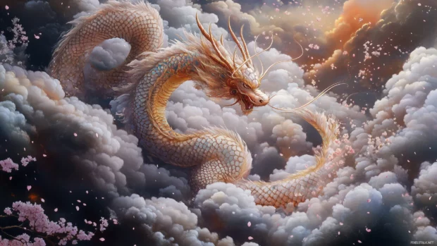 A majestic Japanese dragon coiling through the clouds.