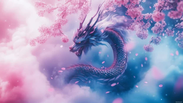 A majestic Japanese dragon coiling through the clouds, adorned with vibrant colors and intricate patterns.