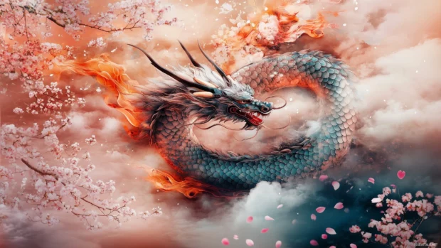 A majestic Japanese dragon coiling through the clouds, adorned with vibrant colors and intricate patterns, with cherry blossoms falling gently around it.