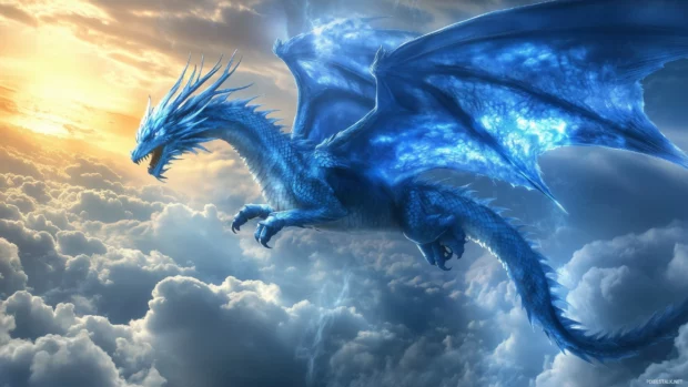 A majestic blue Dragon soaring through the sky.