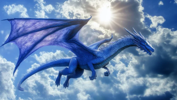 A majestic blue Dragon soaring through the sky, its scales shimmering like sapphire under the bright sun.