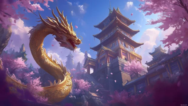 A majestic golden dragon wrapped around a tall pagoda, the ancient building standing firm amidst cherry blossom trees.