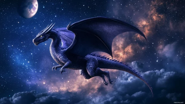 A majestic purple Dragon soaring through a twilight sky.