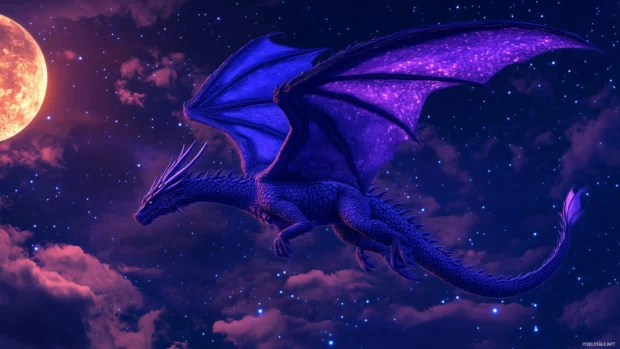 A majestic purple Dragon soaring through a twilight sky, with shimmering stars and a crescent moon in the background.