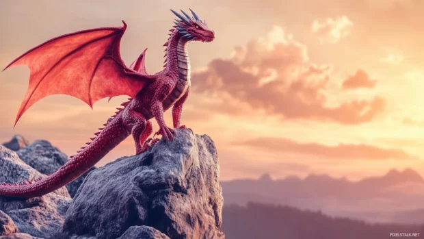 A majestic red dragon 2K QHD wallpaper.