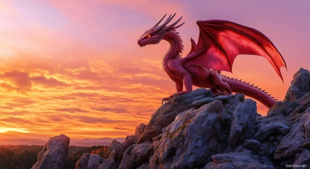 A majestic red dragon perched atop a rocky cliff.