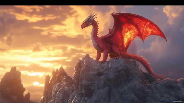 A majestic red dragon perched atop a rocky cliff, with its wings spread wide.