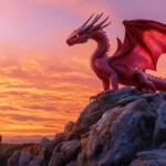 A majestic red dragon perched atop a rocky cliff, with its wings spread wide against a fiery sunset backdrop.