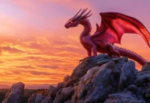 A majestic red dragon perched atop a rocky cliff, with its wings spread wide against a fiery sunset backdrop.