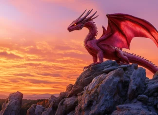 A majestic red dragon perched atop a rocky cliff, with its wings spread wide against a fiery sunset backdrop.