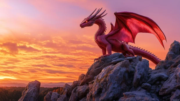 A majestic red dragon perched atop a rocky cliff, with its wings spread wide against a fiery sunset backdrop.