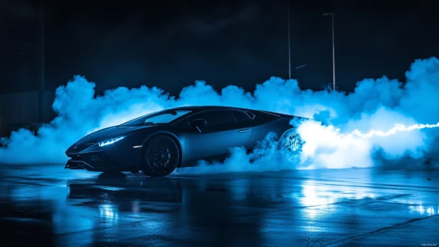 A matte black Lamborghini Aventador surrounded by vibrant blue flames and fog like smoke.