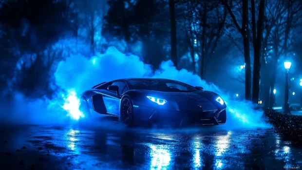 A matte black Lamborghini Aventador surrounded by vibrant blue flames and fog like smoke, parked on a reflective wet surface.