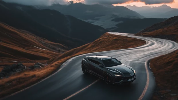 A matte black Lamborghini Urus speeding on a winding mountain road.