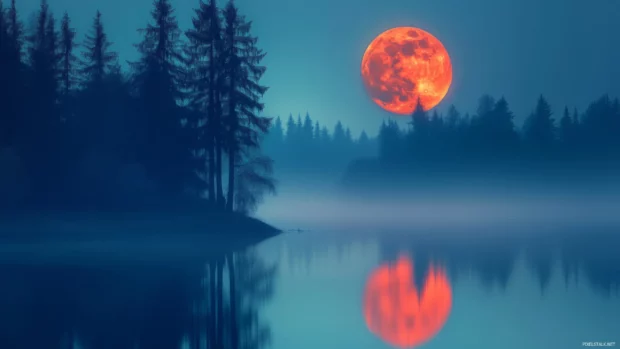 A mesmerizing Blue Moon glowing softly above a tranquil ocean, with its cool blue light reflecting off the water.