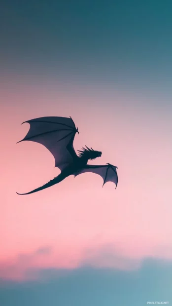 A minimalist Dragon silhouette flying against a clear, gradient sky with soft pastel hues of blue and pink.