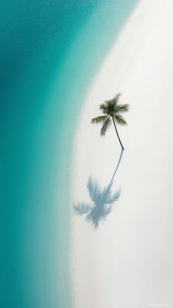 A minimalist aesthetic view of an empty tropical beach wallpaper with crystal clear turquoise water, smooth white sand, and a lone coconut palm tree bending gracefully over the shore.