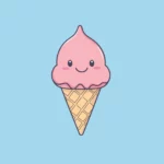 A minimalist bakground of a cute, pastel colored ice cream cone with a smiling face.