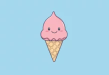 A minimalist bakground of a cute, pastel colored ice cream cone with a smiling face.