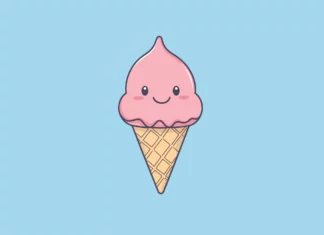 A minimalist bakground of a cute, pastel colored ice cream cone with a smiling face.