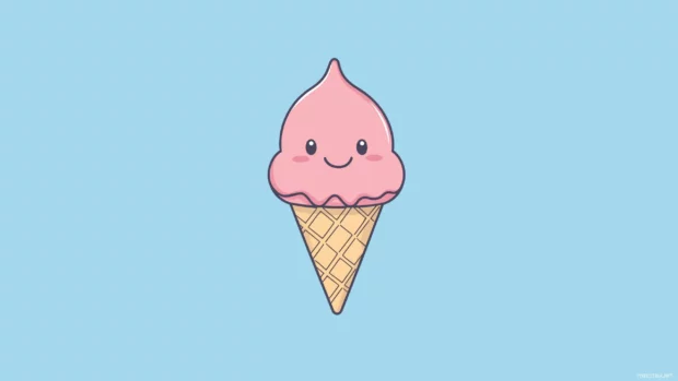 A minimalist bakground of a cute, pastel colored ice cream cone with a smiling face.