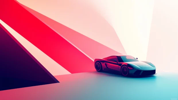 A minimalist car design against a geometric background of soft pastel gradients, blending modern design with artistic flair.