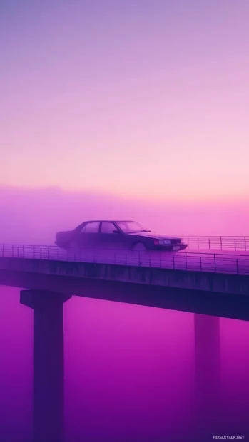 A minimalist car silhouette emerging from soft fog on a modern bridge, with a backdrop of subtle pastel gradients blending into the sky.