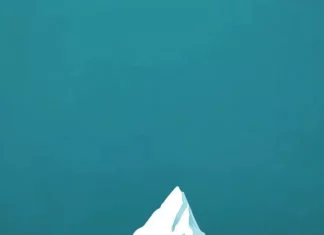 A minimalist mountain silhouette in white, set against a cool teal gradient background.