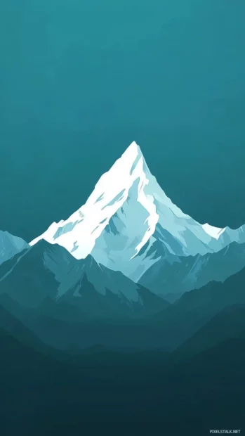 A minimalist mountain silhouette in white, set against a cool teal gradient background.