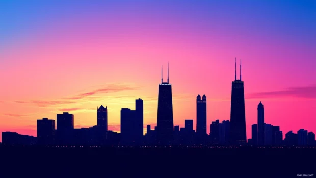 A minimalist skyline silhouette in deep blue, set against a gradient sunset of pink and purple hues.