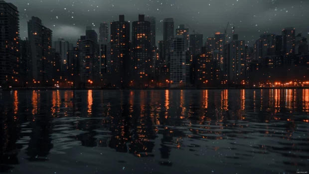 A minimalistic and cool dark cityscape with glowing lights reflecting on water.