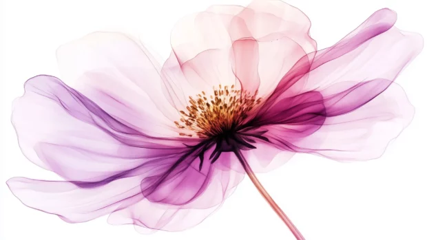 A minimalistic watercolor flower, with soft pink and purple petals, against a clean white backdrop.