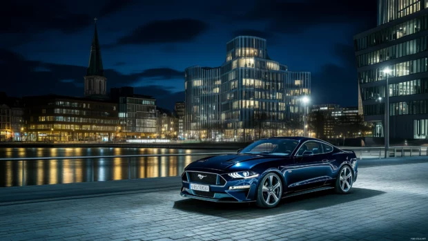 A modern Ford Mustang Mach 1 in dark blue.