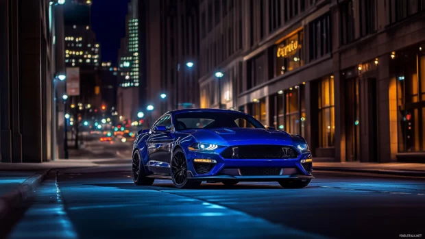 A modern Ford Mustang Mach 1 in dark blue, parked on a sleek urban street.